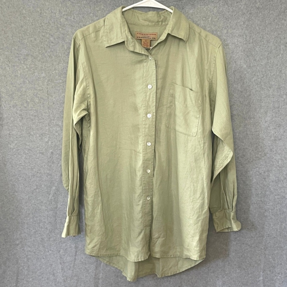 Cambridge Clothing Co Button Down Shirt S Green 100% Linen long sleeve resort